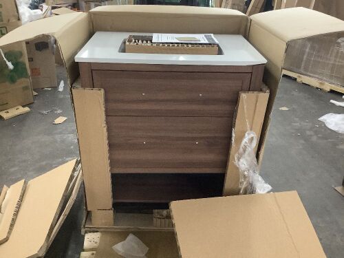 Home Decorators Collection Corley 30 in. Single Sink Spiced Walnut Bath Vanity with White Engineered Stone Top - Damaged Corner - Lot 20JF