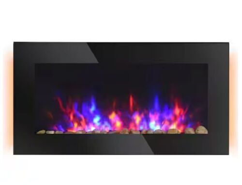 HOMCOM 36 in. 1500-Watt Electric Wall-Mounted Fireplace with Flame Effect, 7 Color Background Light and Side Light in Black - Lot 26JF