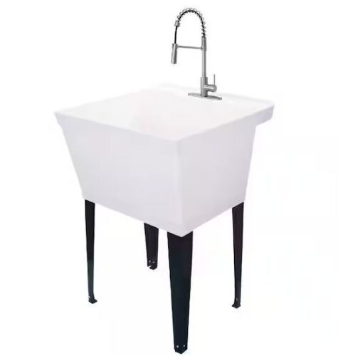 TEHILA 22.875 in. x 23.5 in. White 19 Gallon Thermoplastic Utility Sink Set with High-Arc Stainless Steel Coil Pull-Down Faucet - Lot 31JF