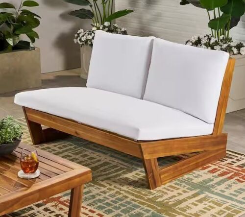 Noble House Sherwood Teak Brown Wood Outdoor Patio Loveseat with White Cushions - Lot 15JF