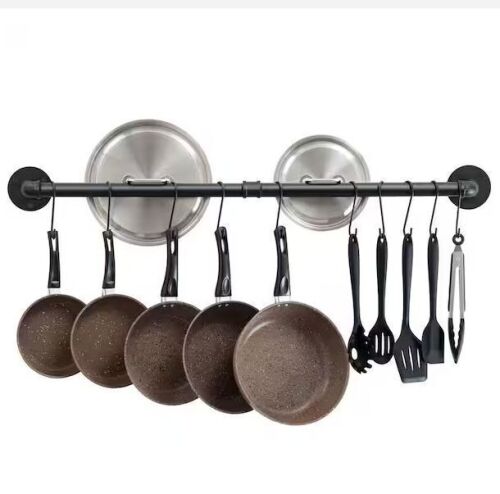 38 in. Black Wall Mounted Pot Bar Rack with 14 S Hooks - Lot 890JF