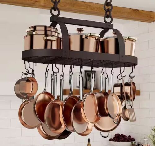KES Oiled Bronze Oval Hanging Ceiling Pot Rack with 20 S Hooks - Lot 893JF
