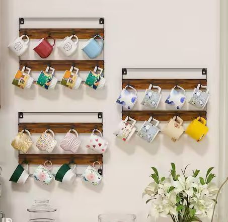 3-Pack 8-Hook Rustic Brown Mug Hook to Hold 24-Mugs - Lot 907JF