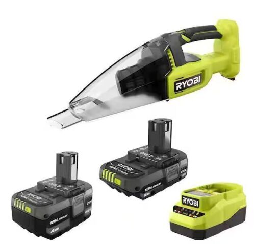 RYOBI ONE+ 18V Lithium-Ion Kit with 2.0 Ah and 4.0 Ah Batteries, Charger, and ONE+ 18V Cordless Multi-Surface Hand Vacuum - Lot 913JF