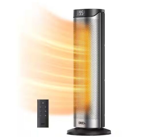 DREO 1500-Watt 23 in. Portable Indoor Ceramic Convection Electric Space Heater, 70° Osc w/Remote, 3-Heat Levels in Silver - Lot 923JF