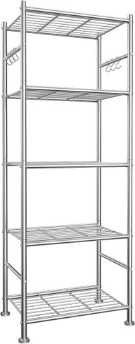Storage Shelves - 5-Tier Large Capacity Shelf Organizer with Hooks, Heavy-Duty Garage Shelving with Leveling Feet, Wobble-Free Rack for Bedroom, Balcony, Garage - Lot 6457