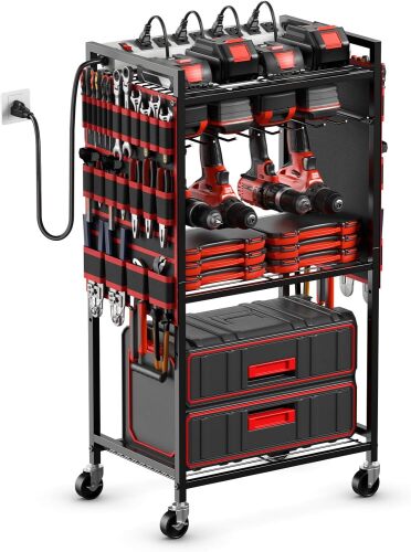 Large Power Tool Organizer Cart with Charging Station, Garage Floor Standing Rolling Drill and Tools Battery STORAGE Cart on Wheels, Heavy Duty Utility Rack Shelf with 8 Outlet Power Strip - Lot 7246
