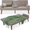 Fabric Upholstered Convertible Futon w/ Rounded Armrests, 2 Cupholders - Thumbnail 1