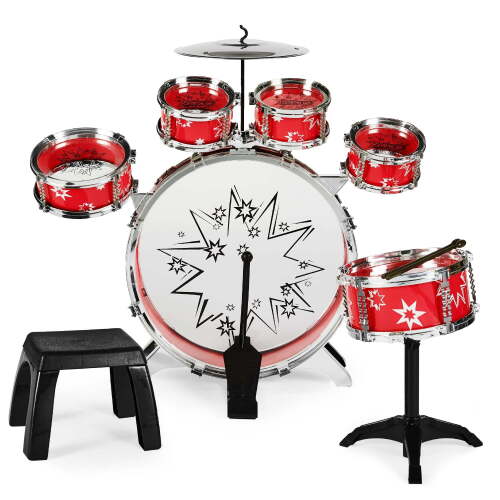 11-Piece Kids Starter Drum Set w/ Bass Drum, Tom Drums, Snare, Cymbal, Stool, Drumsticks - Lot 7257