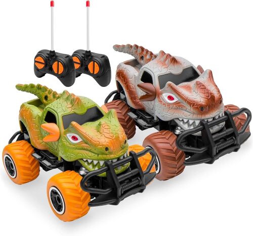 Set of 2 1/43 Scale 27MHz Dinosaur RC Remote Control Car Toys w/ 9mph Max Speed, 2 Controllers - Lot 7259