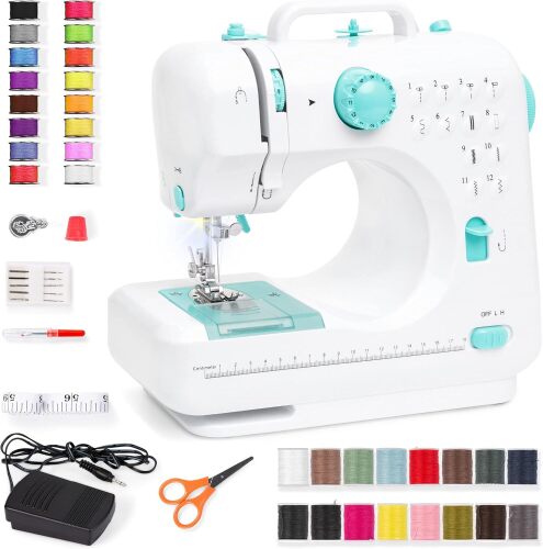 Compact Sewing Machine, 42-Piece Beginners Kit, Multifunctional Portable 6V Beginner Sewing Machine w/ 12 Stitch Patterns, Light, Foot Pedal, Storage Drawer - Lot 7287