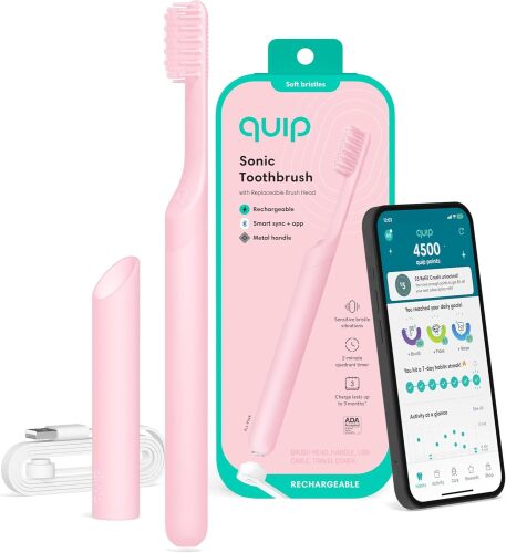 Quip Rechargeable Smart Sonic Toothbrush for Adults - Timed Electric Toothbrush with Bluetooth & Rewards App - Replaceable Brush Head, Soft Bristles, Metal Handle - Travel Toothbrush - Lot 7289
