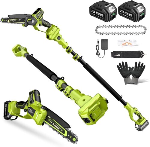 Electric Pole Saws for Tree Trimming, 8 Inch & 6 Inch Mini Chainsaw Cordless with Extension Pole, 16Ft Reach, 2x4.0Ah Battery, Auto Oiling, Tool-Free Chain Tensioning, Tree Trimmer for Branch Limb Cut - Lot 7321