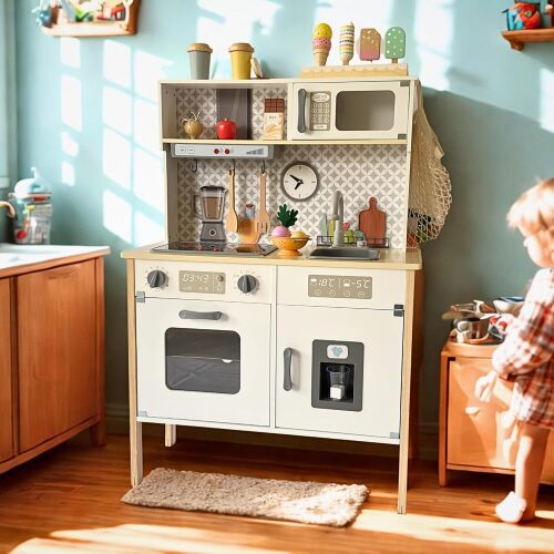 Wooden Play Kitchen for Kids with Working Sink & Faucet Toy – Montessori Sensory Pretend Playset for Toddlers 3-5 – Interactive Kids Kitchen Playset with Lights & Sounds - Lot 7335