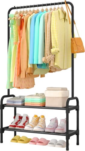 Clothes Rack - Clothing Rack with 2-Tier Shoe Rack and Anti-Slip Stopper, Shoe Organizer for Entryway, Bedroom, or Laundry, Black - Lot 7349
