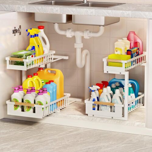 Under the Sink Organizer Kitchen, 2 Tier Large Pull Out Under Sink Organizer with Adjustable Height, Metal Under Cabinet Organizer and Storage for Counter Bathroom Vanity Laundry, White 2 Packs - Lot 7361