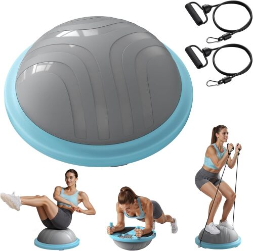 Balance Ball Trainer, 18 Inch Half Exercise Ball with Resistance Bands and Foot Pump, Half Yoga Ball for Core Strength Training, 450lb Capacity - Lot 7380
