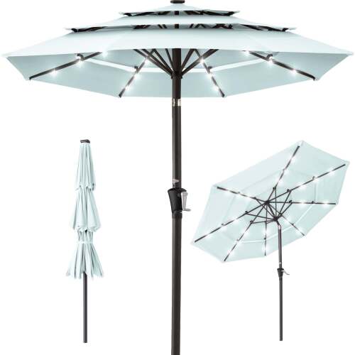 3-Tier Solar Patio Umbrella w/ LED Lights, Tilt Adjustment, Crank - 10ft - Lot 7382