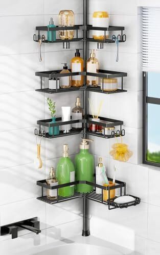 Shower Caddy Tension Pole: 4-Tier Corner Rustproof Bathroom Organizer with Soap Holder & Hooks - No-Drill Adjustable Shower Shelf for Renters - Family Stand Storage Rack - 47-123 Inch Black - Lot 7391