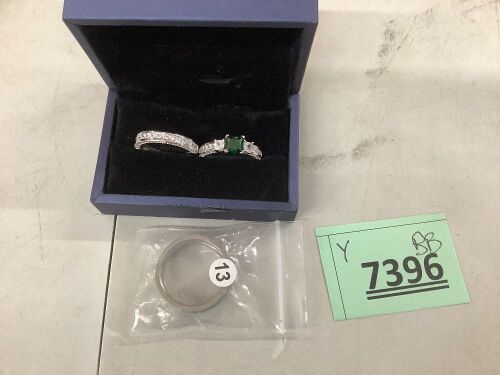 3 Pcs Emerald Engagement Ring Set, Couples Wedding Rings - Lot 7396