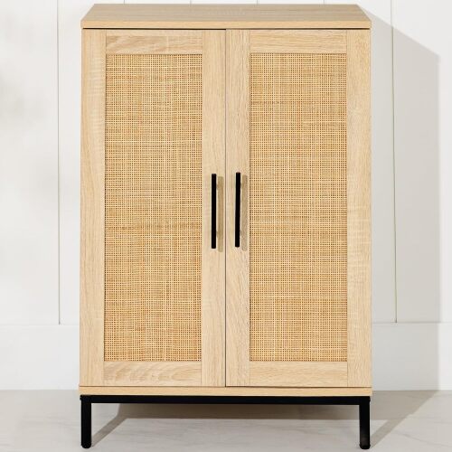 2-Door Natural Rattan 34 x 24in Multiuse Storage Cabinet for Bathroom, Living, Dining Room, Entryway w/Adjustable Shelves - Lot 7432