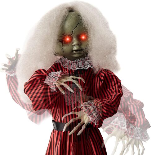 Animatronic Roaming Creepy Doll Halloween Decoration, Haunted Holly Sound Activated Holiday Prop w/Light-Up LED Eyes, Pre-Recorded Phrases - Lot 7436