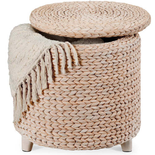 17" Round Storage Ottoman with Lid, Handwoven Water Hyacinth Footstool - Lot 7442
