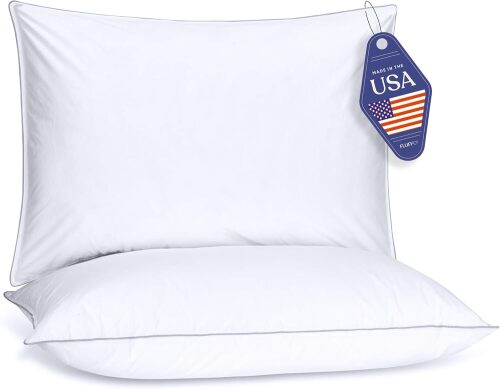 FluffCo Down Alternative Pillows Standard/Queen Size Set of 2 - Queen Bed Pillows for Sleeping - Made in USA - Cooling Surface and Machine Washable for Side, Back, and Stomach Sleepers - Lot 7516