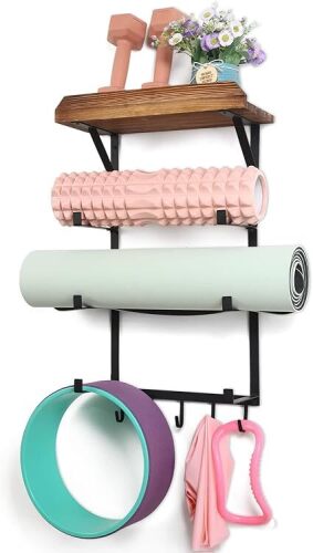 Yoga Mat Holder Wall Mount,17" x 28" Yoga Mat Rack Home Gym Accessories, Storage for Foam Roller, with Wood Floating Shelves and 5 Hooks for Hanging Yoga Strap and Resistance Bands - Lot 7534