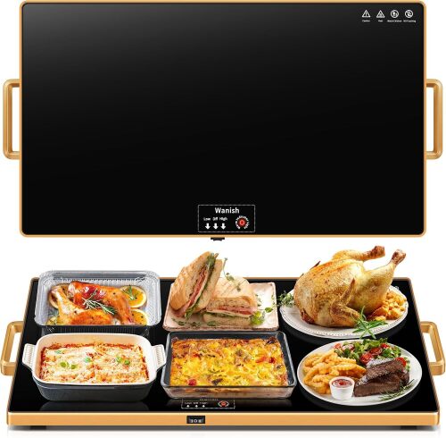 Electric Warming Tray, Food Warmers for Parties Buffet with Thermostat & Full Surface Heating, Tempered Glass Warming Mat for Food, Temperature Adjustable Gold Handles Food Warming Mat - Lot 6693
