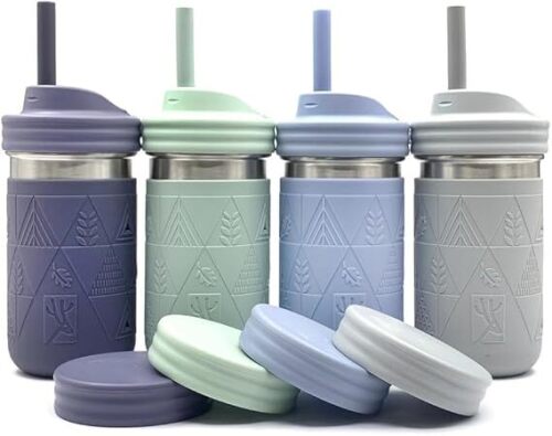 14oz Stainless Steel Kids + Toddler Drinking Cups | The Original Mason Jar with Sleeves + Lids | Silicone Straws | Smoothies | Storage Jar | Spill Resistant | Dishwasher Safe | 4 Pack - Lot 7594