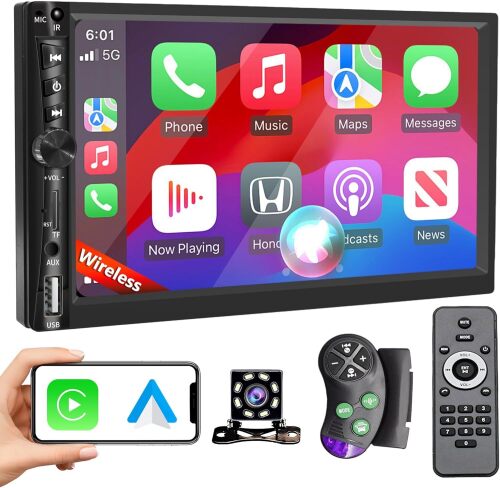 7" Double Din Car Stereo with Apple CarPlay Android Auto 178 * 102mm,Touchscreen Car Play Radio for Car,Screen for Bluetooth 5.0, Weatherproof Backup Camera,FM,AUX,Card Slot,USB,SWC - Lot 7533