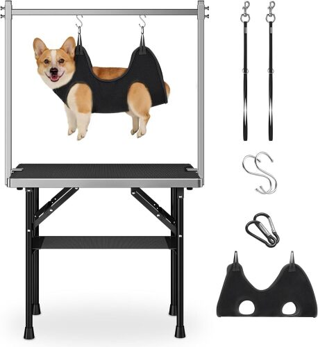 Dog Grooming Table with Arm, Hammock & Nooses, 30" H Foldable Heavy Duty Pet Grooming Station, 35.5" L×23.6" W Non-Slip Waterproof Tabletop, 33.5" Height Adjustable Stainless H-Frame Arm - Lot 7631