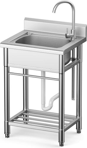 Utility Sink Free Standing Single Bowl Kitchen Sink with Cold and Hot Water Pipe Stainless Steel Sink for Garage Shop Laundry Room Farmhouse Mens Gifts Ourdoor Indoor - Lot 7645