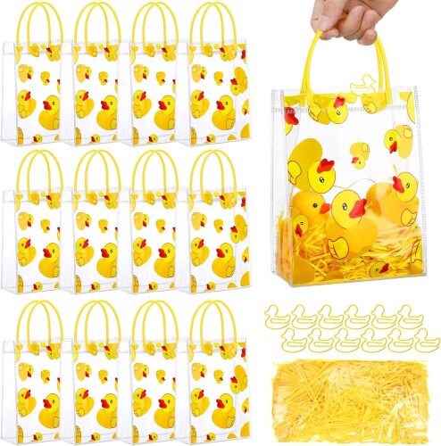Gaillty 24 Sets Yellow Duck Gift Bag with Clips and Raffia Rubber Duck Party Supplies Plastic Treat Goodie Candy Bags for Waddle It Be Gender Reveal Baby Shower Birthday Party Supplies (Clear) - Lot 7655