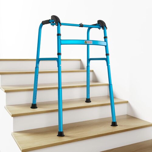Foldable Stair Climbing Walker for Seniors, Adjustable 4-Leg Height Safety and Convenience, Blue - Lot 7620