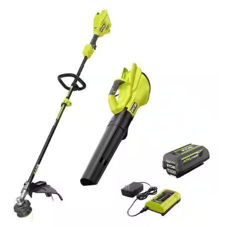 RYOBI 40V Cordless Attachment Capable 15" String Trimmer & 550 CFM 120 MPH Blower Combo Kit with 4.0 Ah Battery & Charger - Lot 22JF