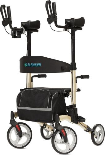 ELENKER Stand Up Folding Rollator Walker with 10” Front Wheels, Backrest, Seat and Padded Armrests - Lot 94