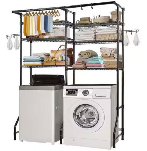 Over Washer and Dryer Storage Shelves, 6 Tiers Laundry Room Drying Rack with Hanger Rod and Hooks, Shelves Black - Lot 98JF