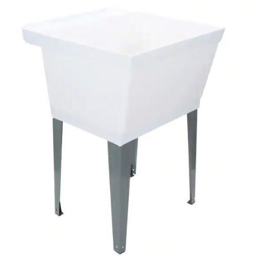 TEHILA 22.875 in. x 23.5 in. White 19 gal. Thermoplastic Utility Sink Kit with Grey Metal Legs, P-Trap and Supply Lines - Lot 99JF