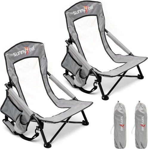 SUNNYFEEL Folding Low Beach Chair with Mesh Back, 2 Pack - Lot 353