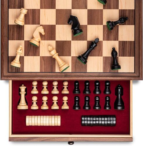 A&A 15 inch Walnut Wooden Chess Set with Storage Drawer - Lot 358