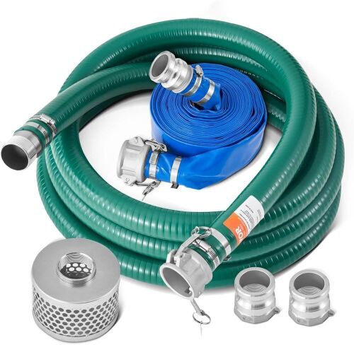 VEVOR Suction Hose Kit for Water Pump, with 2 in x 65 ft Blue Backwash Hose, 20 ft Green Suction Hose, and Steel Round Hole Strainer, Camlocks, Clamps, Cam & Groove Adapter - Lot 367