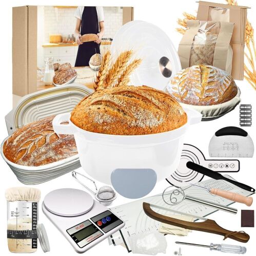 Sourdough Bread Baking Supplies for Beginner with Pot, Banneton Bread Proofing Baskets, Starter Jar, Scraper, Bread Making Tools & More - Lot 372