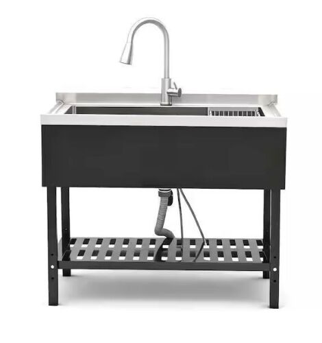 24 in. D x 40 in. W Freestanding Laundry/Utility Sink in Stainless Steel with Faucet - Small Dent on Shelf - Lot 35JF