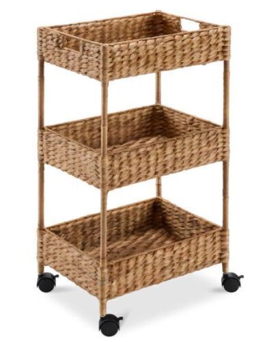3-Tier Water Hyacinth Rolling Utility Cart w/ Weaved Baskets Natural - Lot 508