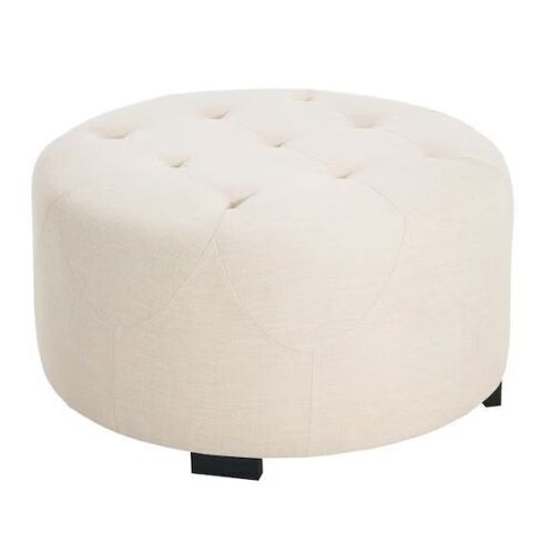 Christopher Knight Home Calistae Modern 29.25 in. W Beige Upholstered Linen Round Accent Ottoman with Button Tufting - Torn Dust Cover on Bottom - Lot 69JF