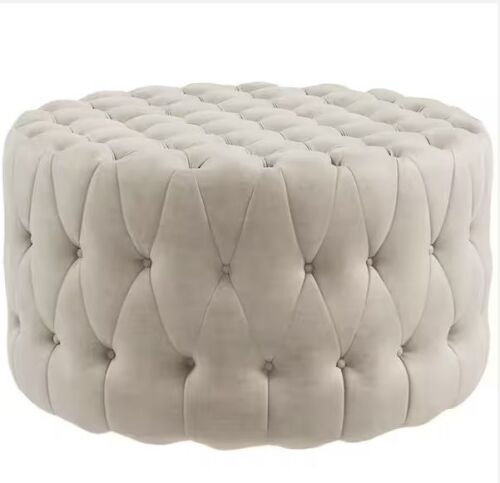Beige Round Velvet-Feel Upholstered Foot Stool Ottoman with Button Tufted Design - Lot 70JF