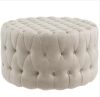 Beige Round Velvet-Feel Upholstered Foot Stool Ottoman with Button Tufted Design - Thumbnail 1