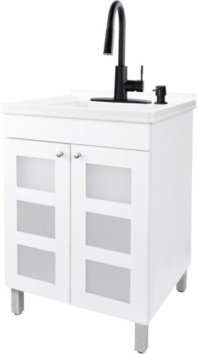 JS Jackson Supplies Utility Sink with White Vanity Cabinet, Black High-Arc Pull-Down Sprayer Faucet - Lot 26JF